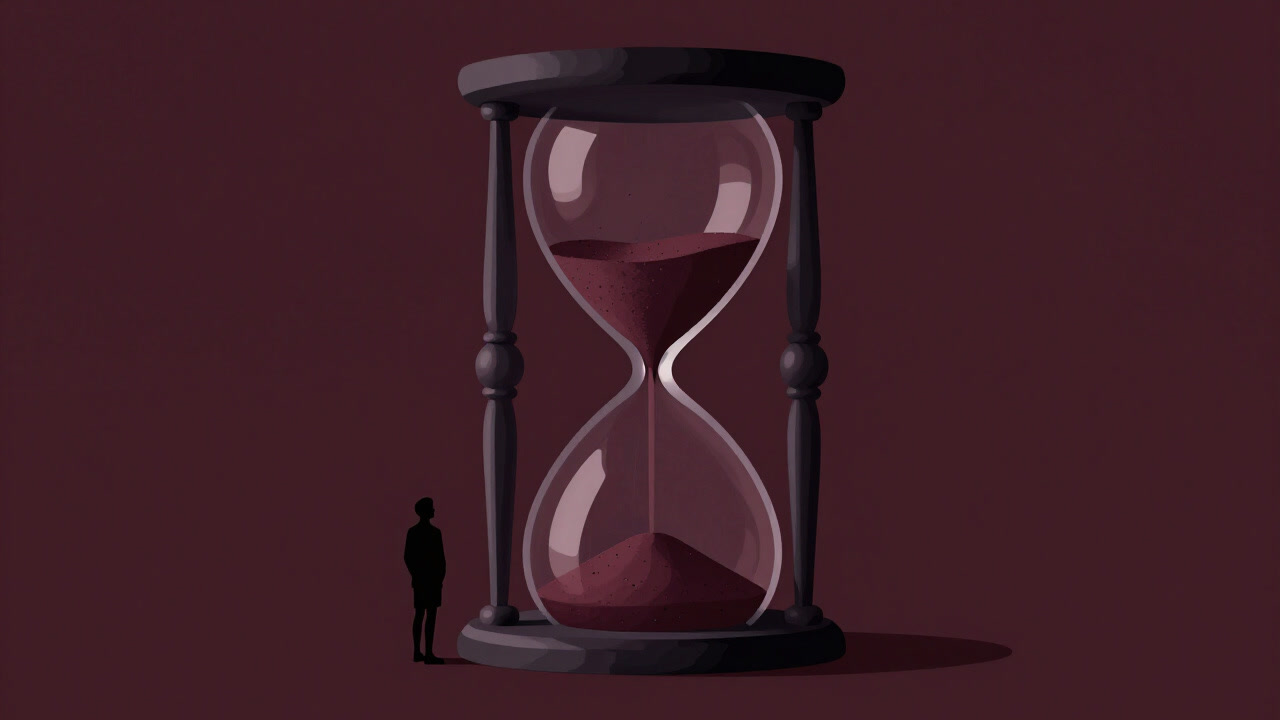 A silhouette standing before a giant hourglass with sand dripping ominously in the background.