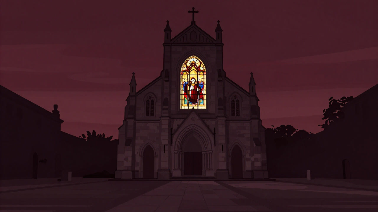 重厚な石造建築にステンドグラスが輝く教会の外観。人影はなく、荘厳さだけが灯る。