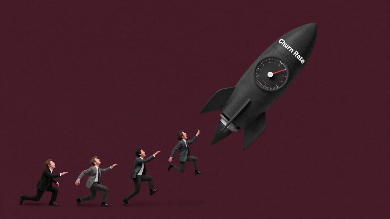解約率を示すメーターが天井に向かって吹き飛び、慌てふためくビジネスマンたちが追いつこうとするイラスト