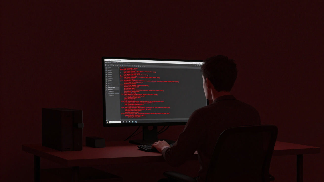 A developer’s silhouette staring at a dashboard full of blinking red build error lights