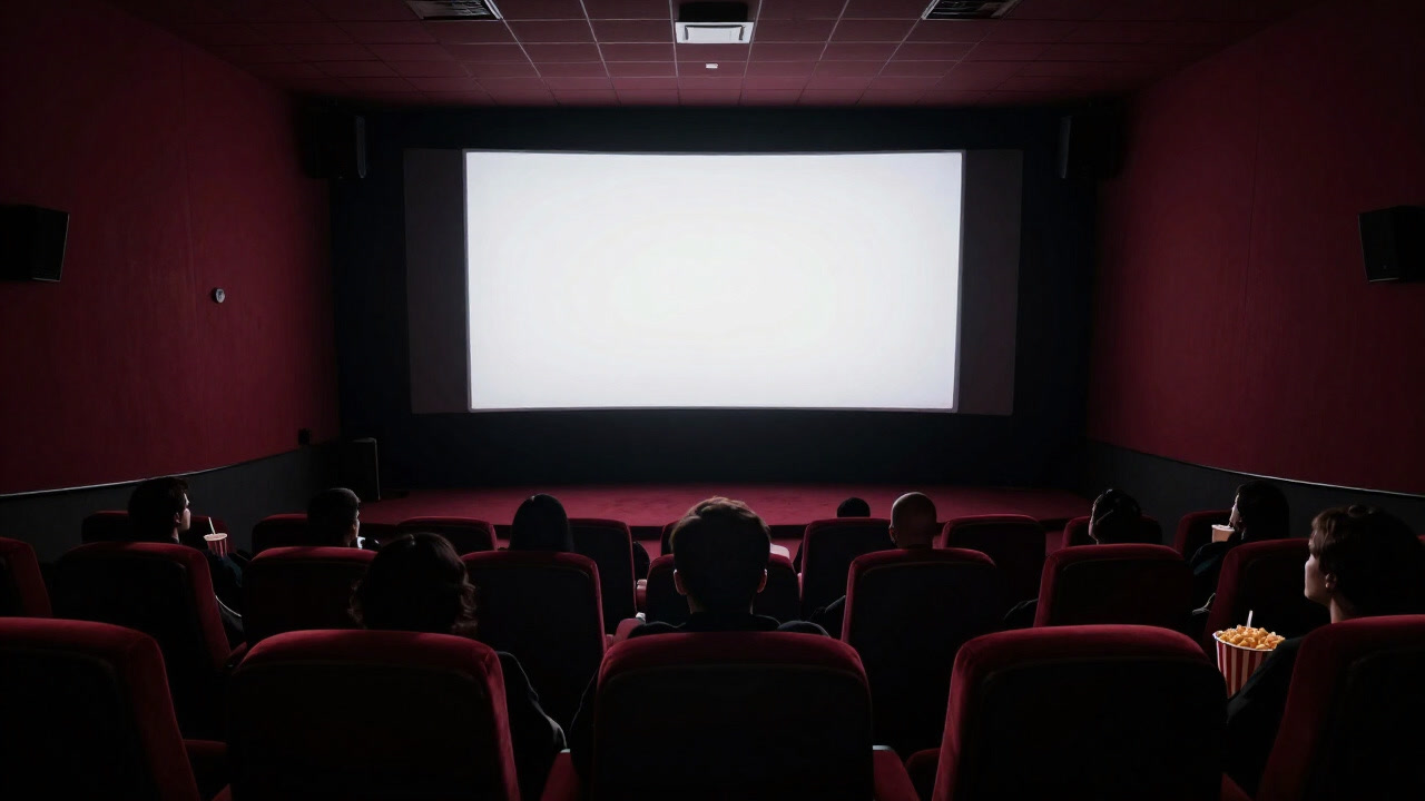 暗がりの映画館で、ポップコーンとドリンクを手に無表情でスクリーンを見つめる観客のシルエット