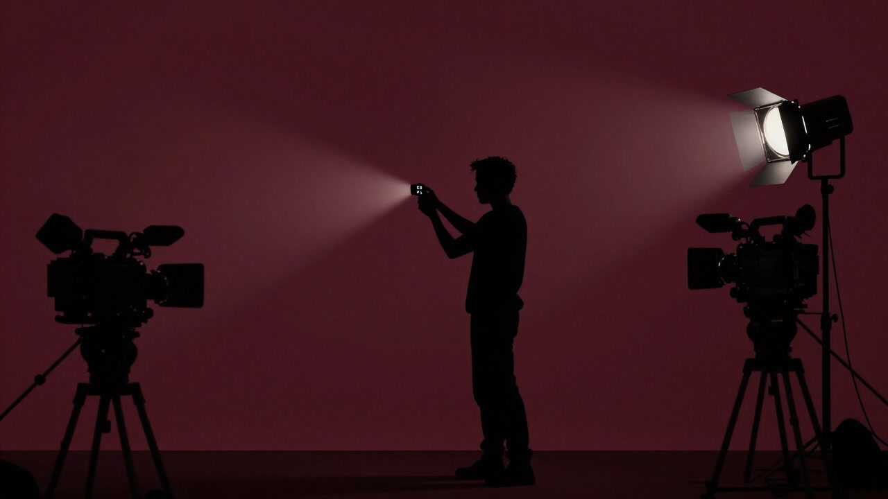 Silhouette of a cinematographer wielding a light meter surrounded by cameras and lights