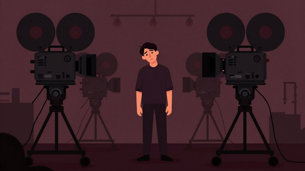 A weary cinematographer standing dazed in a dim studio surrounded by massive cameras and lights