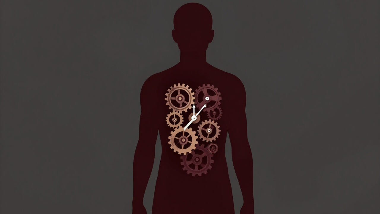 人間のシルエットの中に時計の歯車が組み込まれ、無表情で時を刻むイメージ