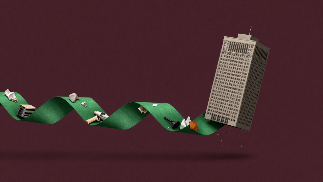 廃棄物が無限にループする緑色のメビウスの帯を背景に、倒れそうな企業ビルが描かれたイラスト