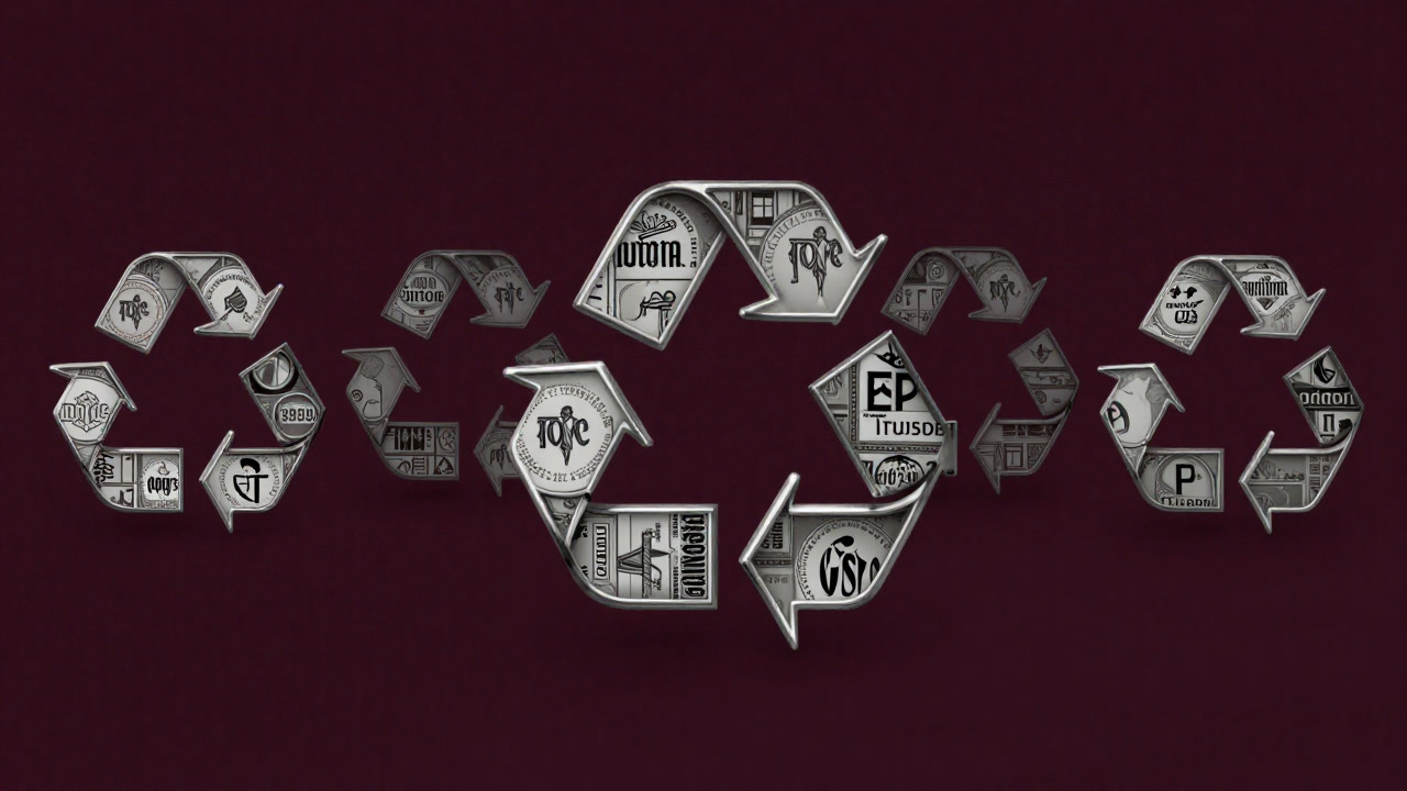 リサイクルのマークがグルグルと無限ループを描きながら、企業ロゴが浮かび上がるイメージ