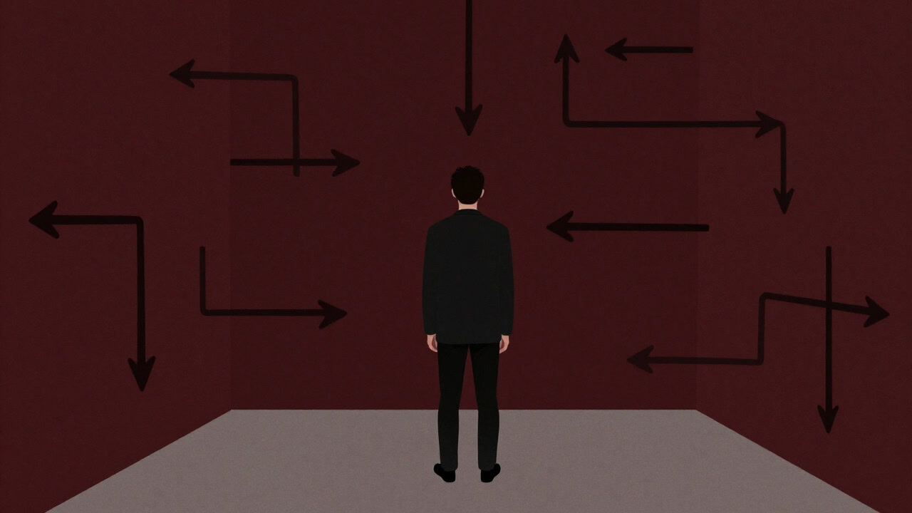 A figure chasing its own question in a mirror with arrows continuing infinitely