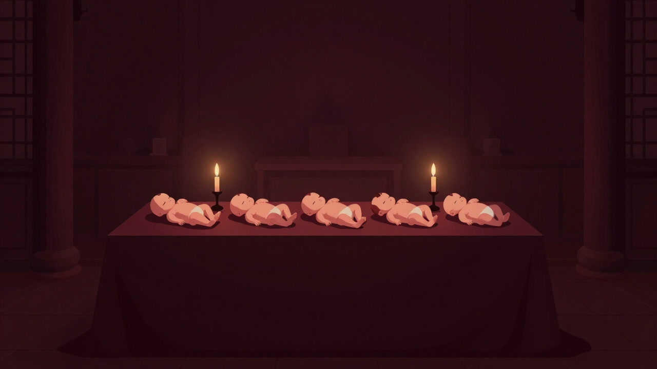 儀式のために整列させられた赤ん坊の手足が柔らかな蝋燭の光に照らされる様子