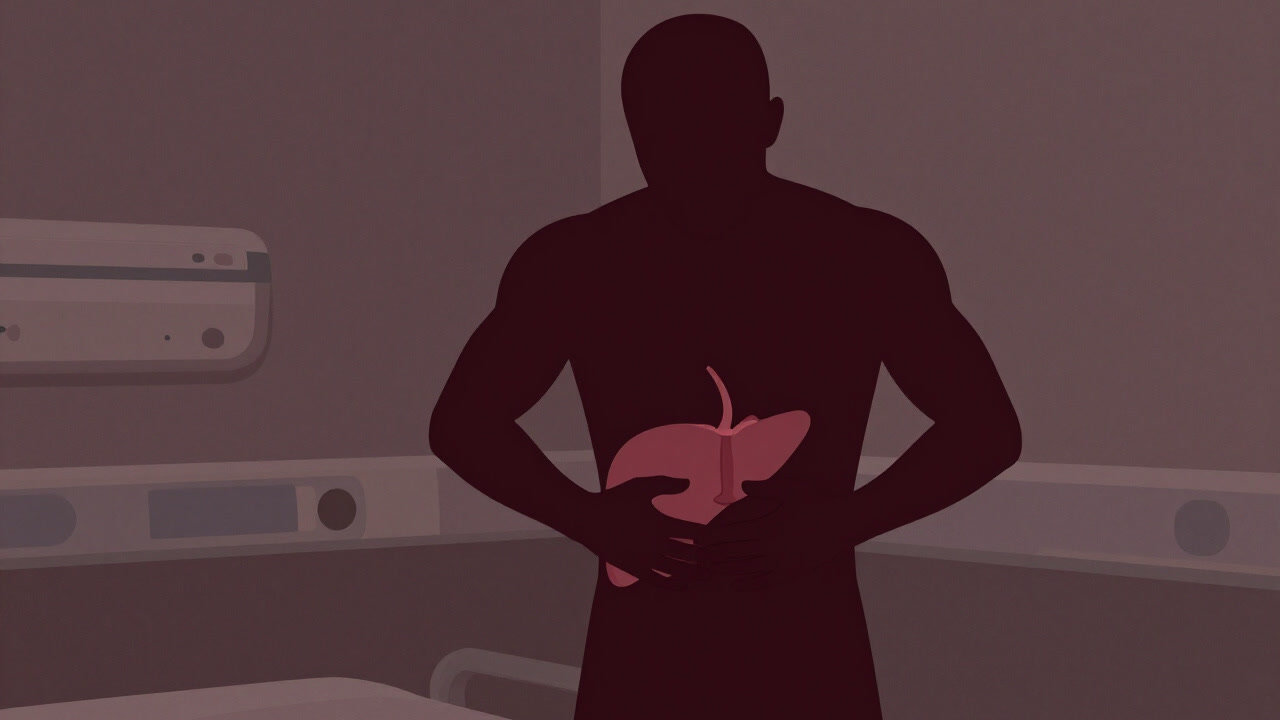 薄暗い病室の隅で痛みに耐えながら肝臓を抱える患者のシルエット