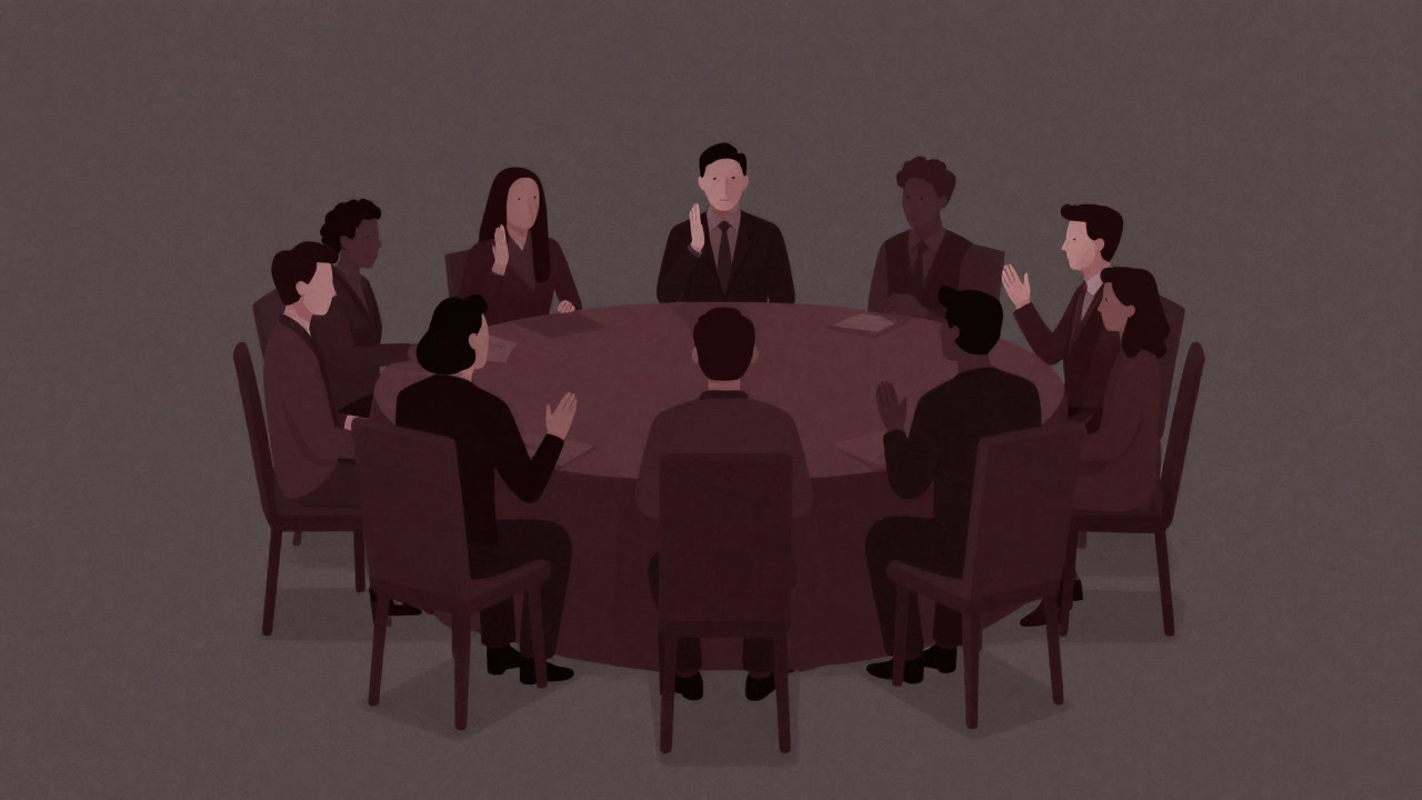 円形のテーブルを囲み、無表情で手を挙げる市民たちのイラスト