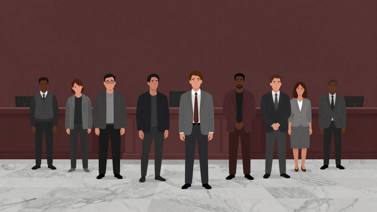 裁判所の大理石の床に散らばり、真剣な表情で立ちすくむ無作為抽出の市民たちのイラスト
