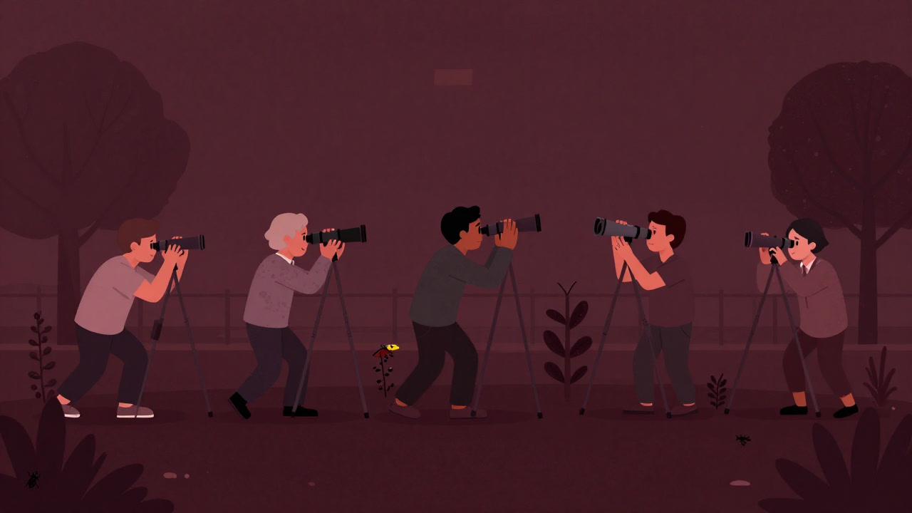 公園のベンチで望遠鏡とスマホを手に真面目に観測する市民のイラスト