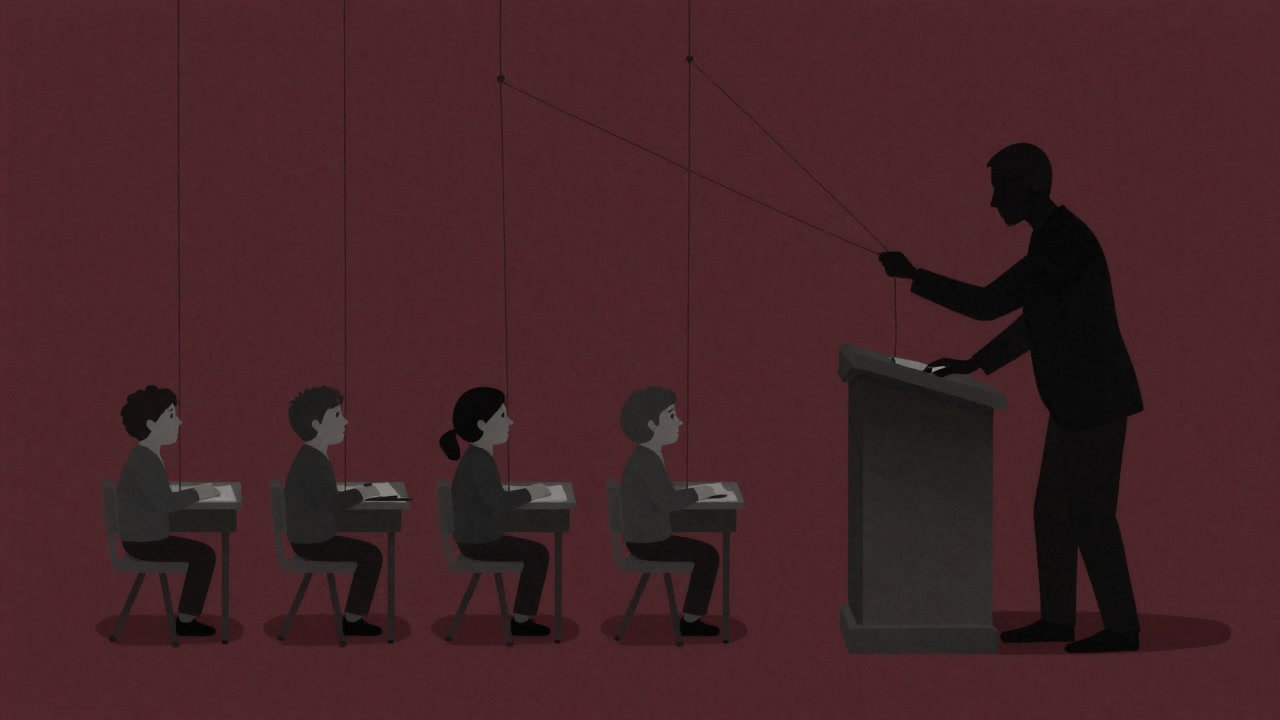 教室の壇上で操り人形のように動く市民たちを背景に、講義台に立つ影のような講師のシルエット