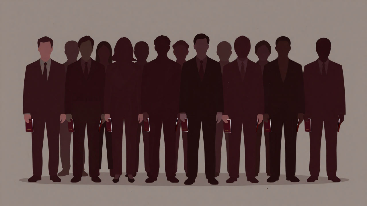 Image of expressionless citizens holding passports in a line