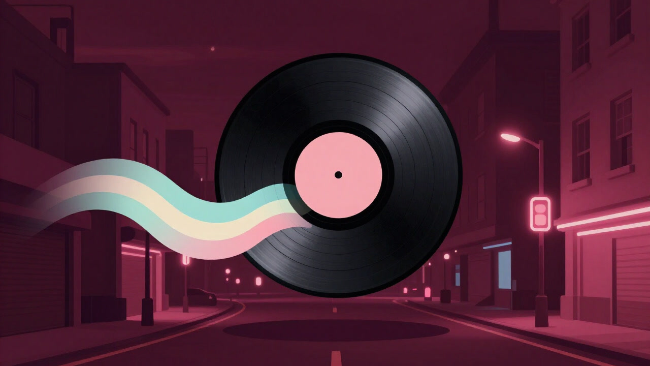 夜のネオン街を背景に、ビニールレコードが空中に浮かぶイラスト