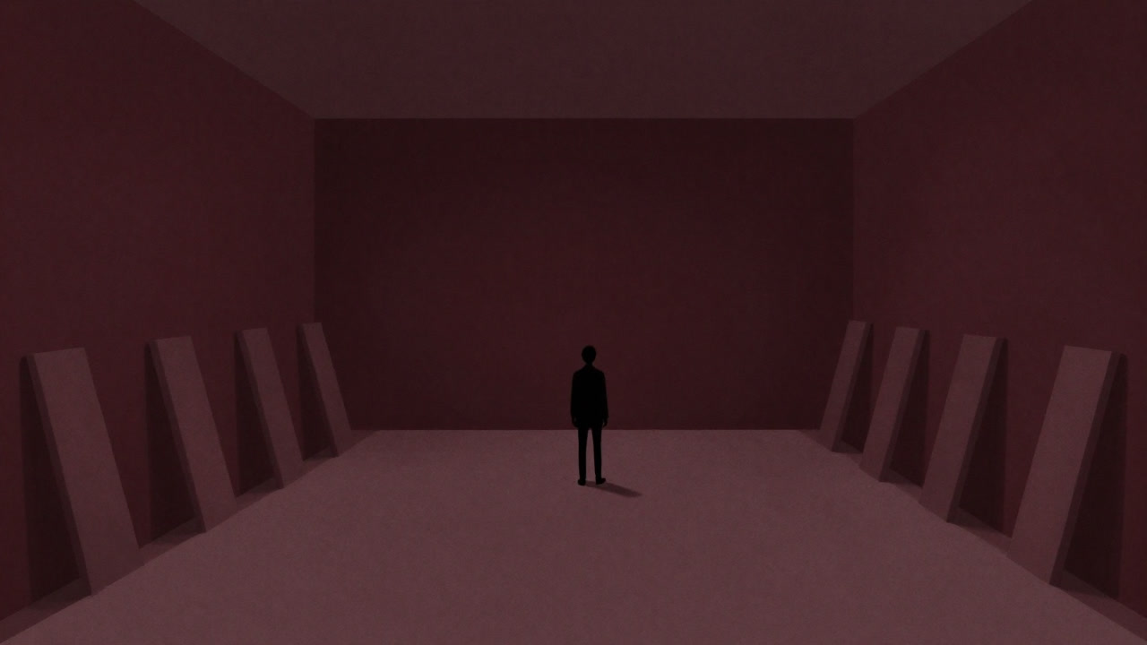 会議室の中央にひとり立ち尽くす市民参加者。周囲は無関心の壁。