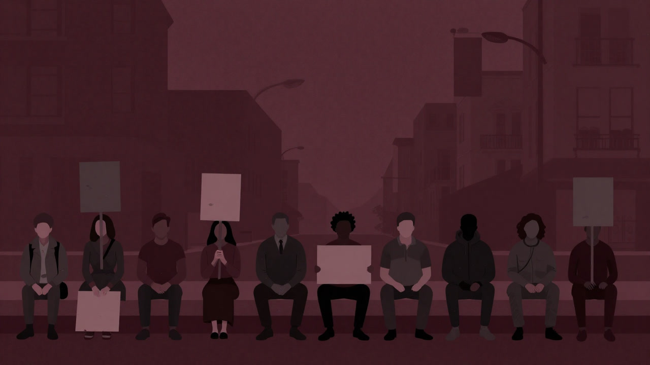 デモ参加者が街角で座り込みをし、プラカードを高く掲げるアイキャッチ画像