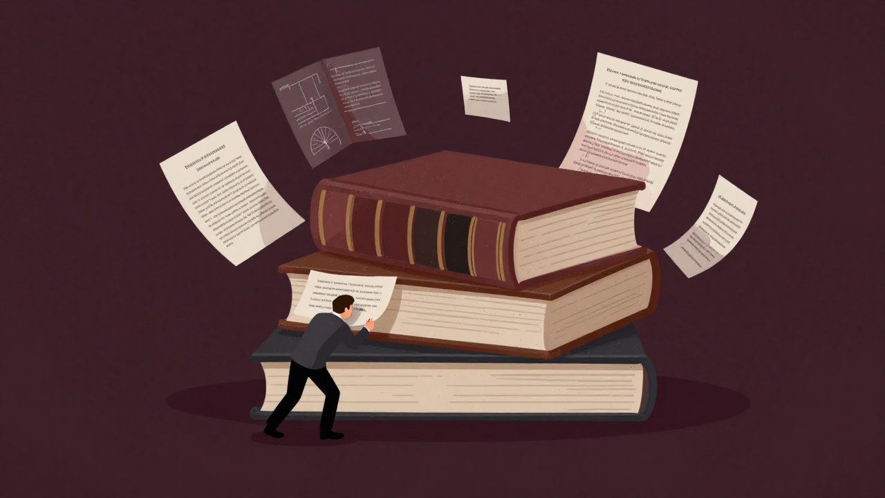 分厚い法典の本が積み重なり、下敷きになった市民がもがくイラスト