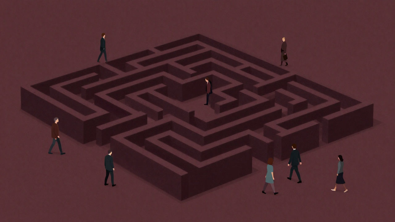 Satirical illustration of citizens reaching out through a barred labyrinth of legal clauses