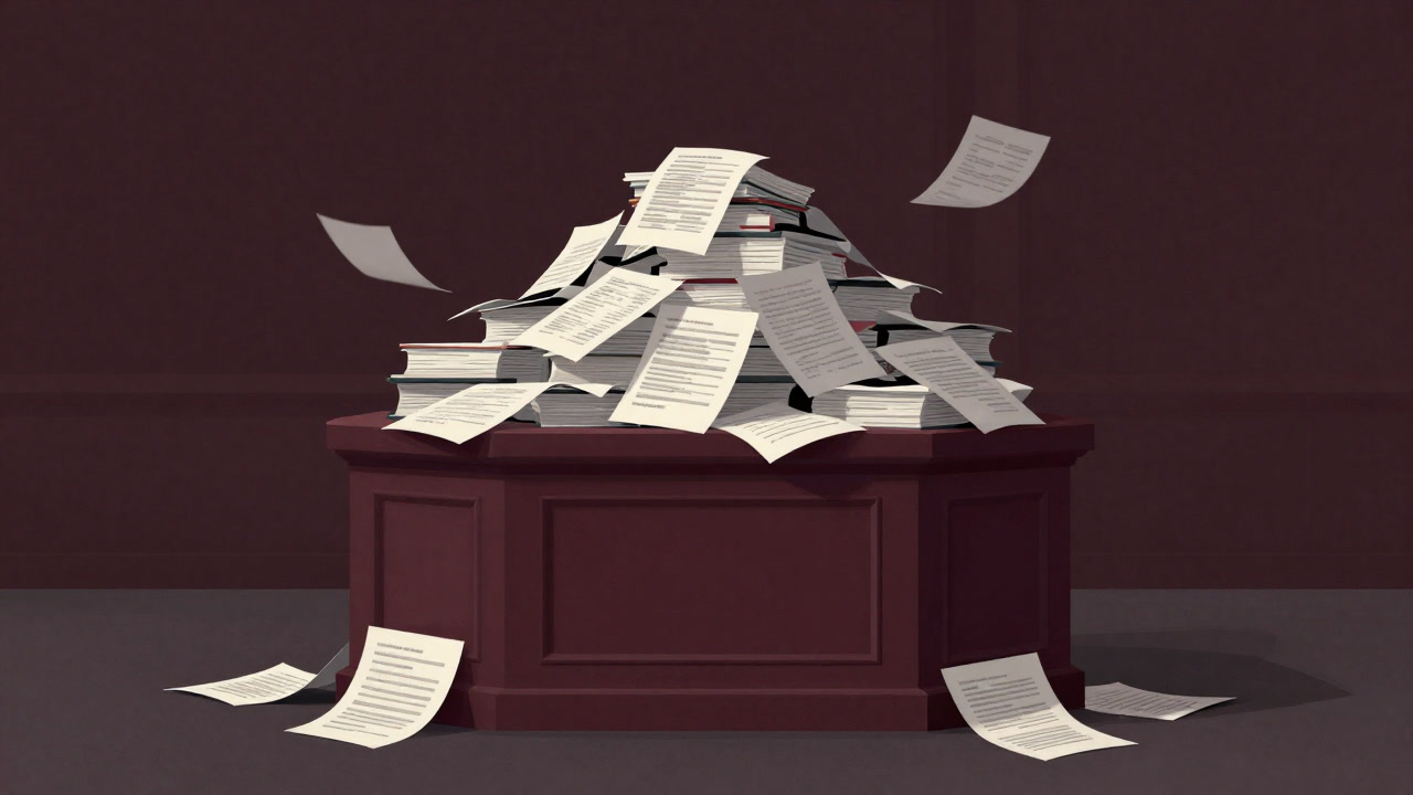 古びた裁判所の机に山積みされた法廷書類が雪崩れそうに積み上げられたイラスト