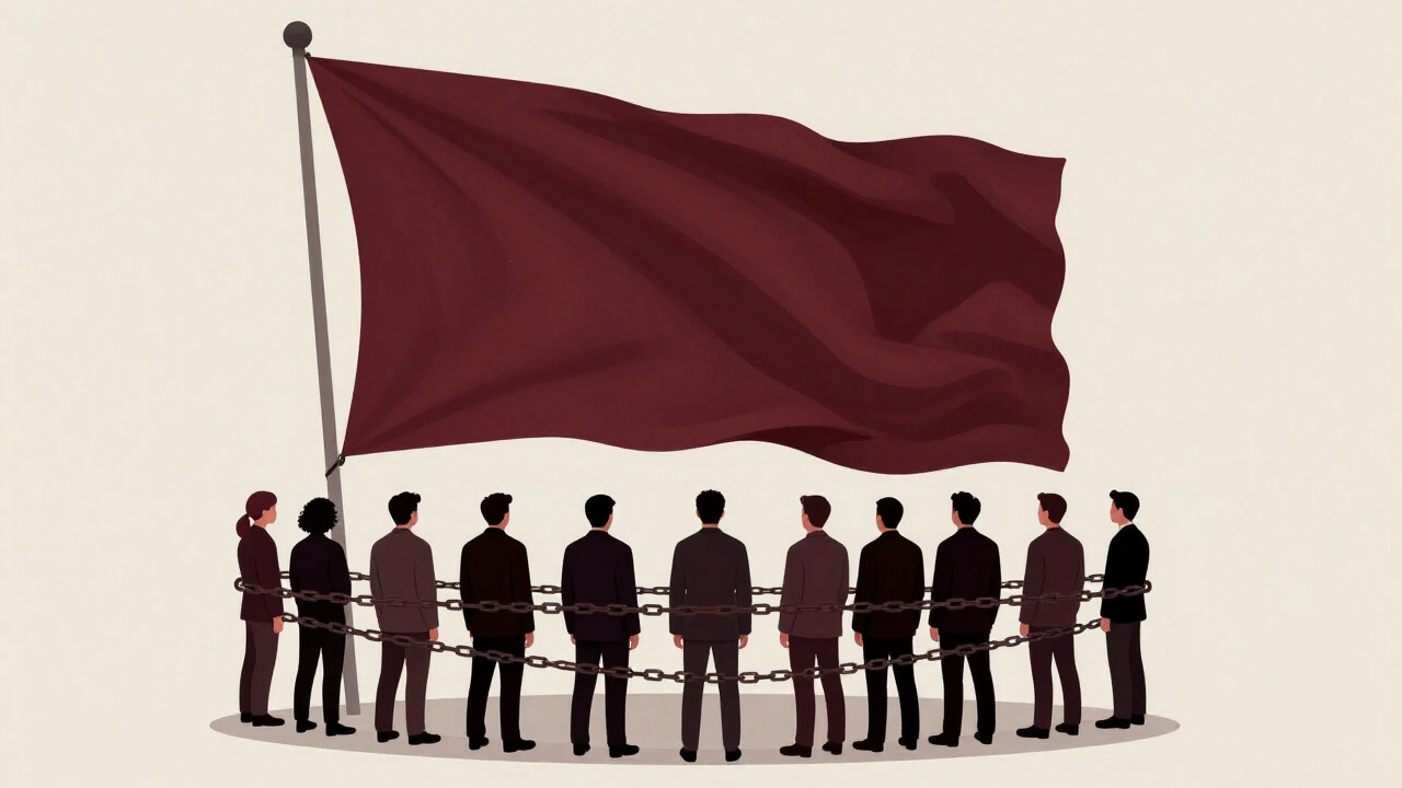 Illustration of citizens engulfed in peer pressure against a flag background