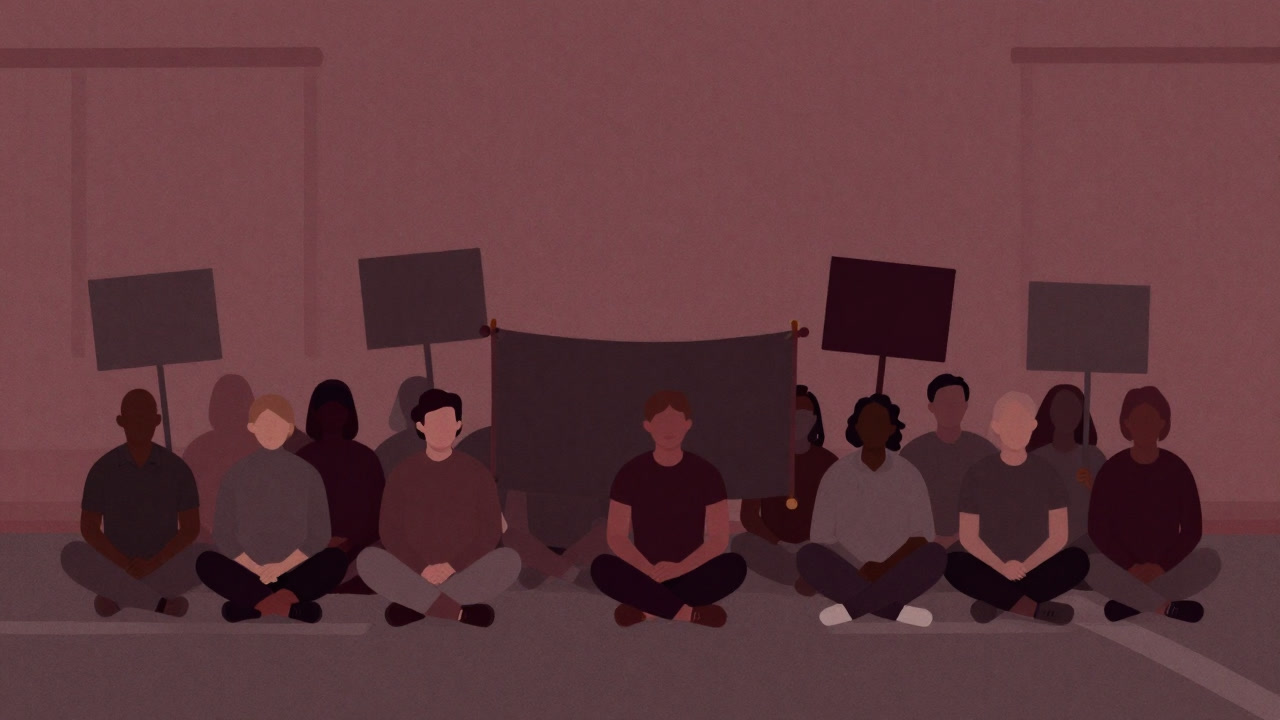 非暴力抵抗の集団が道を塞ぎ、静かな圧力をかける様子を捉えたイラスト