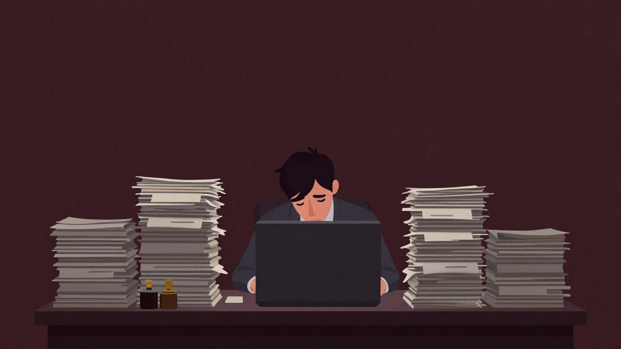 書類と印鑑に囲まれ、膝を抱えて呆然と座る公務員のシルエット