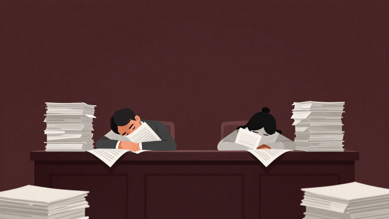 裁判所の法廷で、書類の山に埋もれた当事者が疲れ切った表情で立っているイラスト