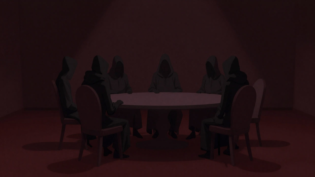 暗い会議室で円卓を囲み、無言で互いを見つめ合うクランのメンバーのシルエット
