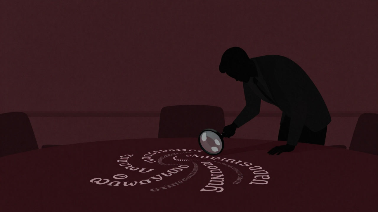 Silhouette of a person hovering over a conference table, shining a magnifying glass on ambiguous text.