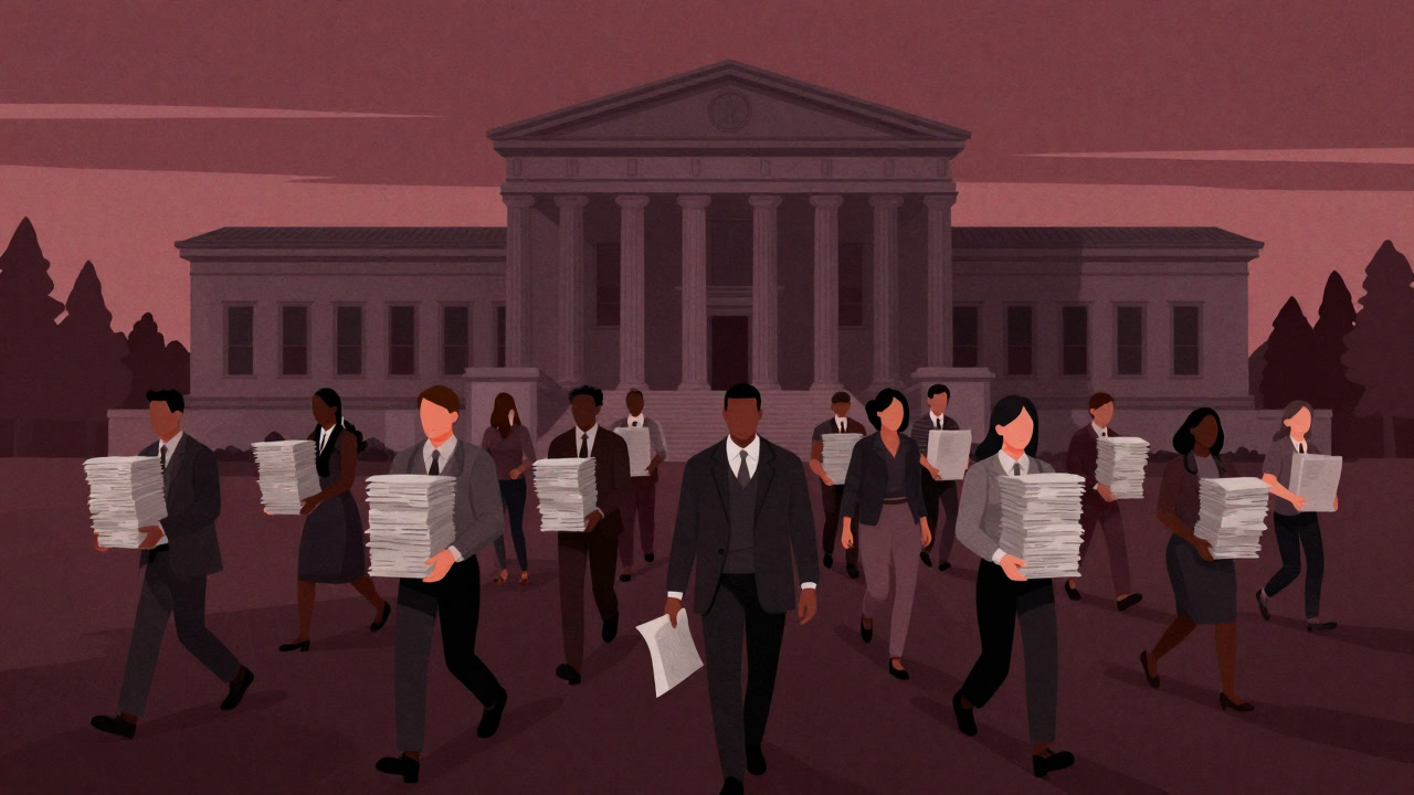 Silhouette of people holding colorful documents heading to the courthouse