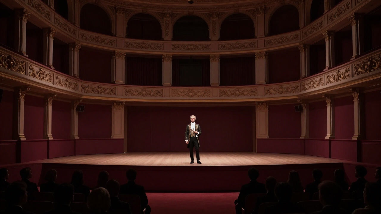 Silhouette of a performer dressed in opulent attire striking a pose in silence, watched solemnly by an audience.