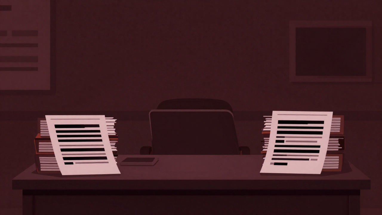 Image of a dimly lit room with a folder of documents in front, pages blacked out with redaction