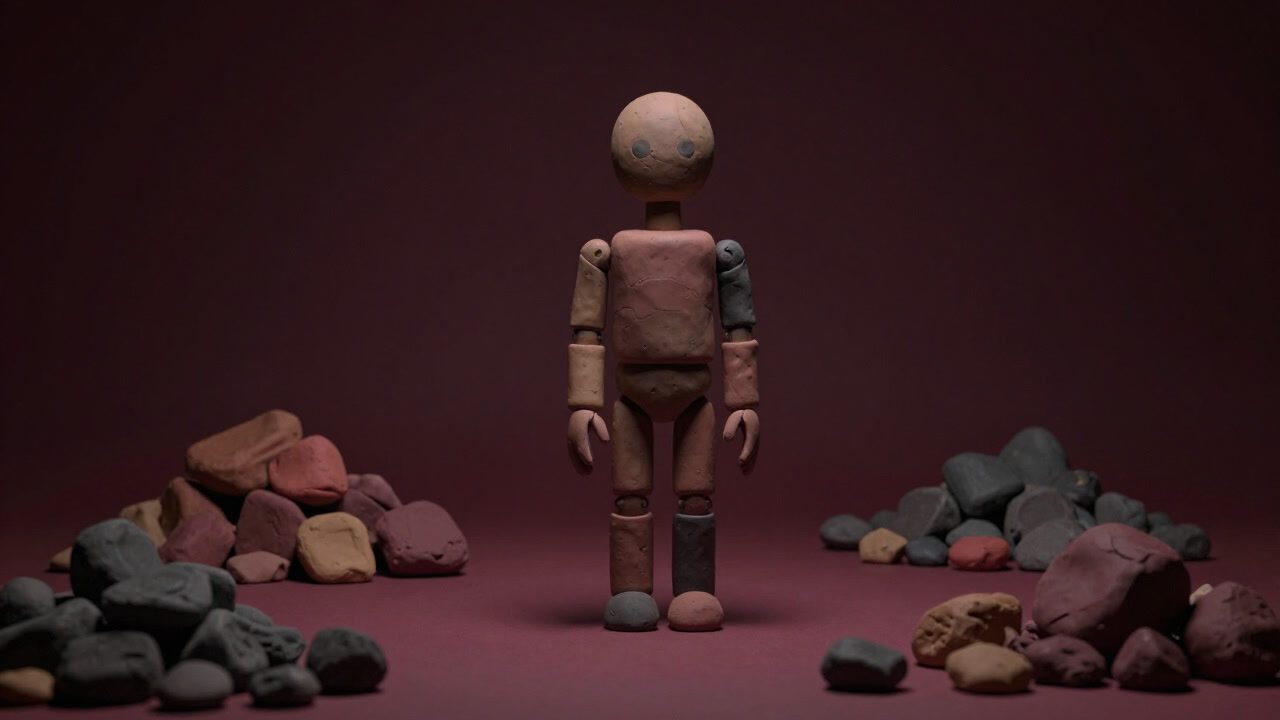 色とりどりの粘土に囲まれ、無表情で止まった人形が映る暗いスタジオの写真