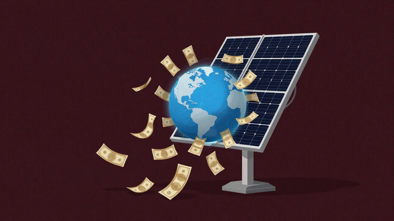 An illustration of a solar panel holding a blue Earth while golden banknotes wrap around it satirically.