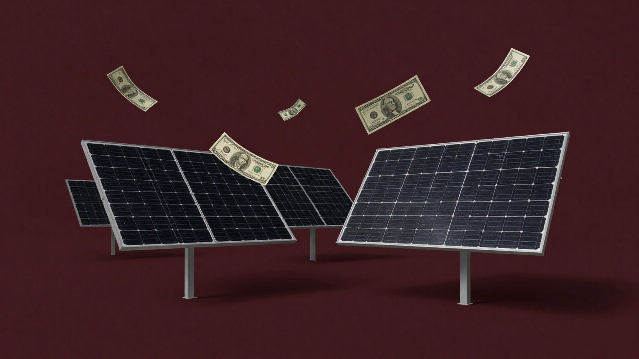 雑然と並べられたソーラーパネルと投資家マネーを示すドル札のコラージュ