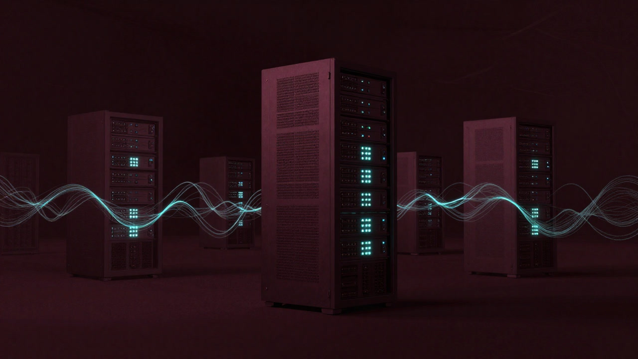 膨大な取引データの波に呑まれ、孤独に点灯を続ける金融機関のサーバ。