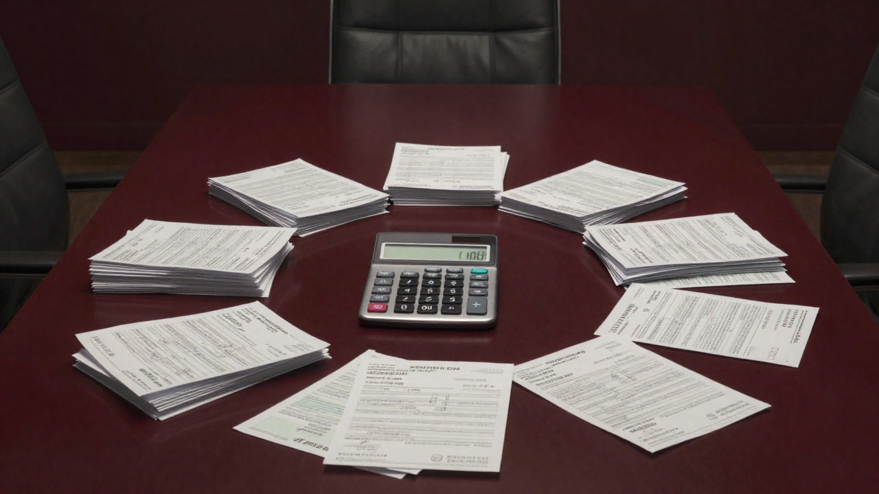 Bills piled high and a calculator on a meeting room table.