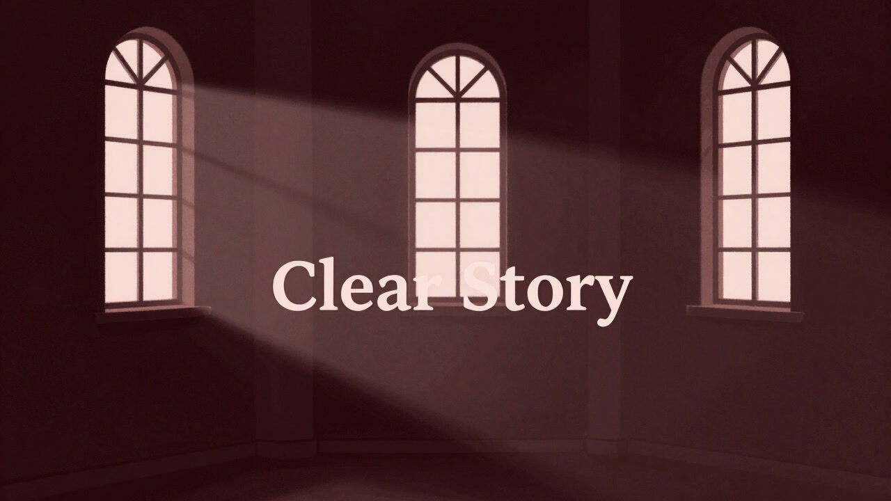 An illustration of the word 'Clear Story' illuminated by beams of light from clerestory windows, with a vague darkness in the background.