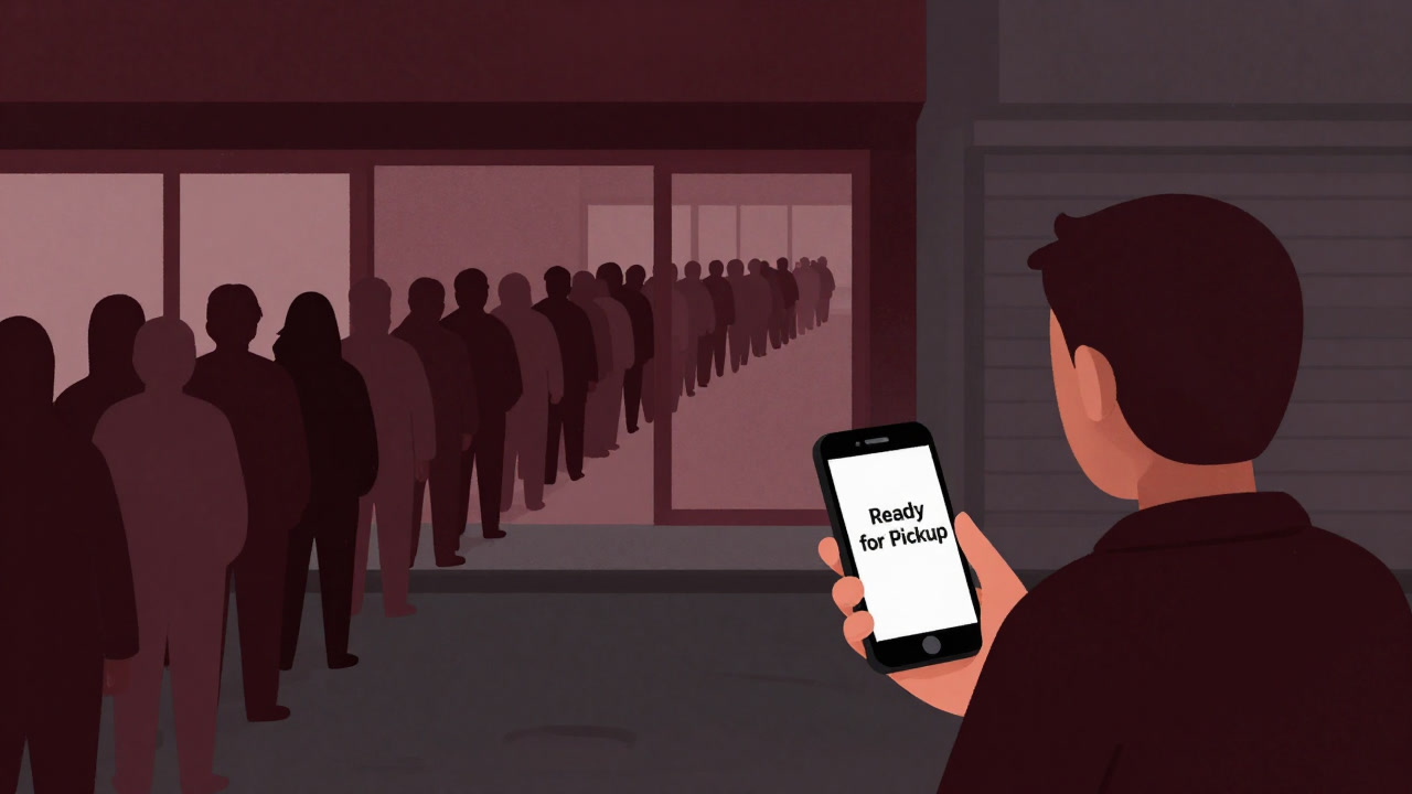 スマホ画面の「準備完了」を見つめる客と、その背後に続く長い店舗前の行列