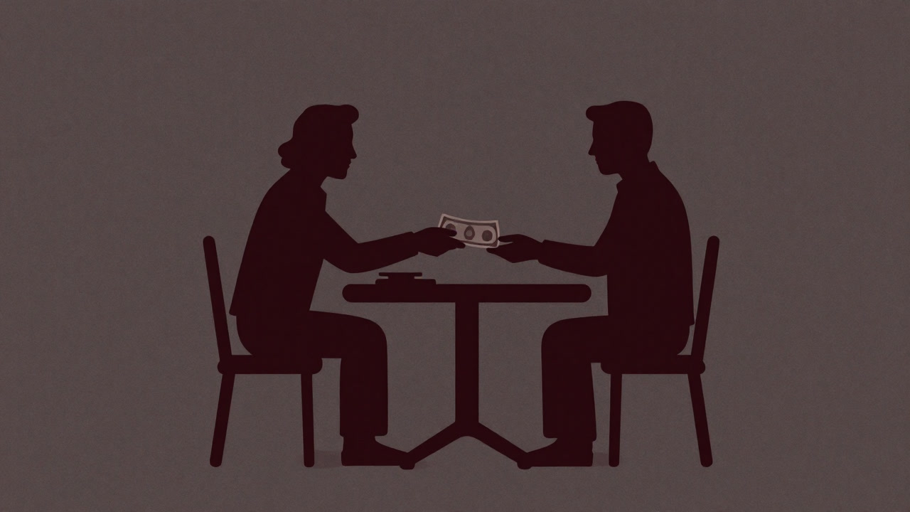 Image of shadows of a politician and voter exchanging money under a table.