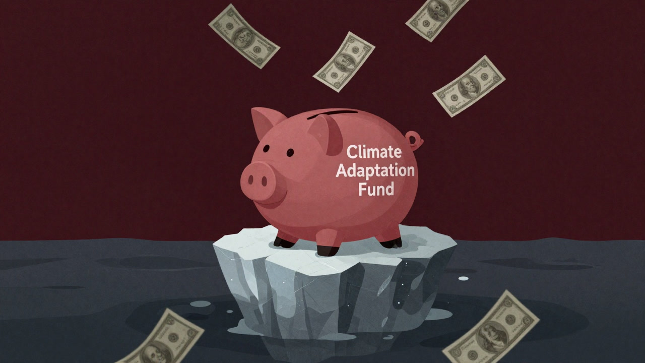 溶けかけた氷山の上に置かれた『適応基金』と書かれた貯金箱のイラスト