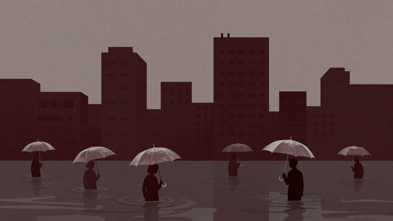 水没した街でプラスチック傘だけを掲げる住民たち