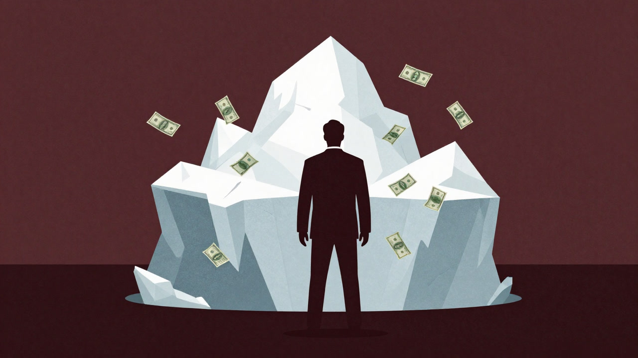 Silhouette of a businessman scattering banknotes in front of an iceberg