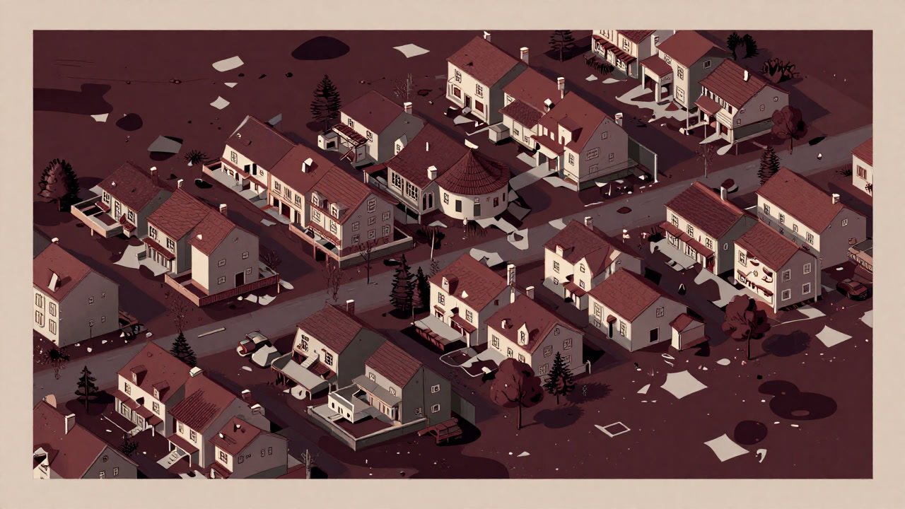 洪水で浸水したスラム街の隣にある豪華コテージをドローン撮影した風景