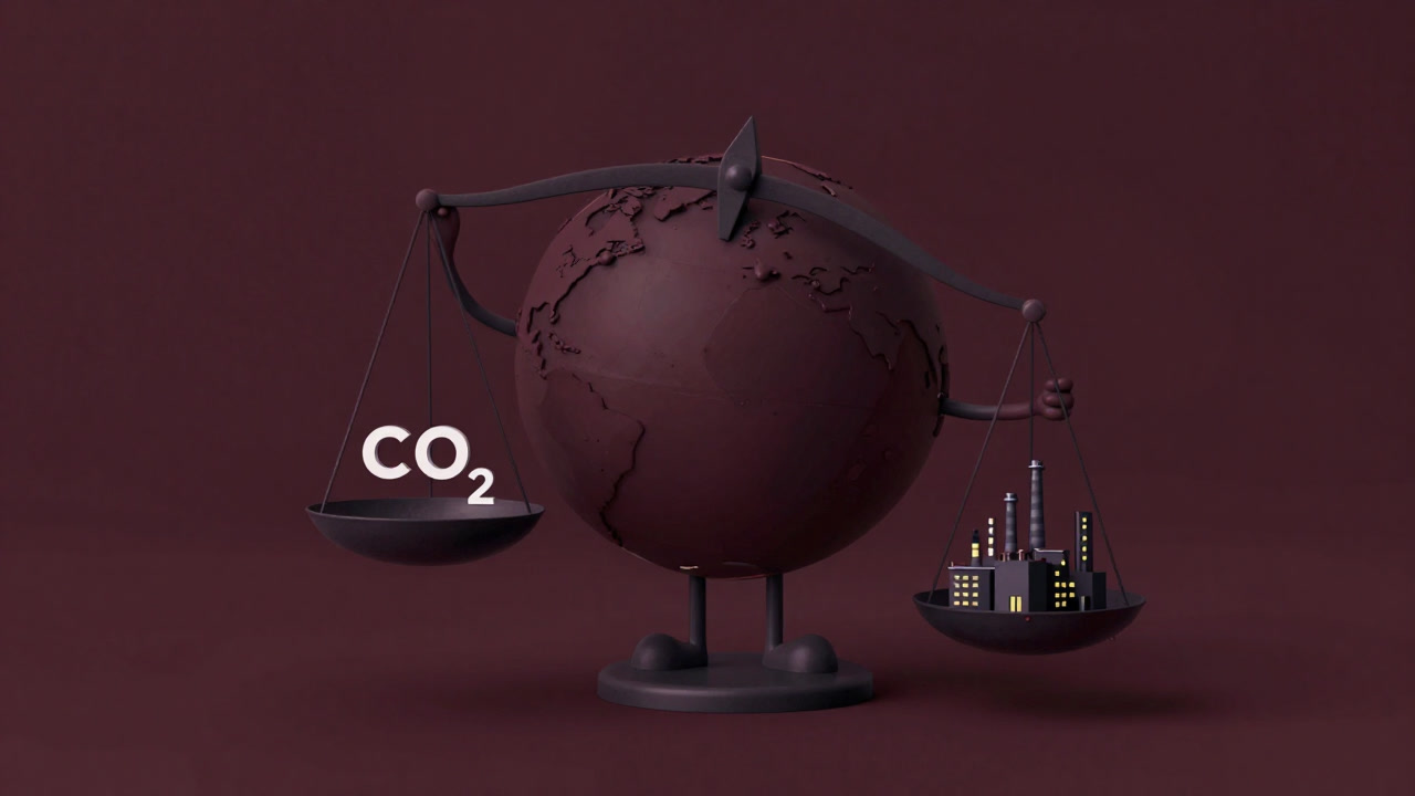 Illustration of a globe holding unbalanced scales laden with CO2 molecules and miniature factories