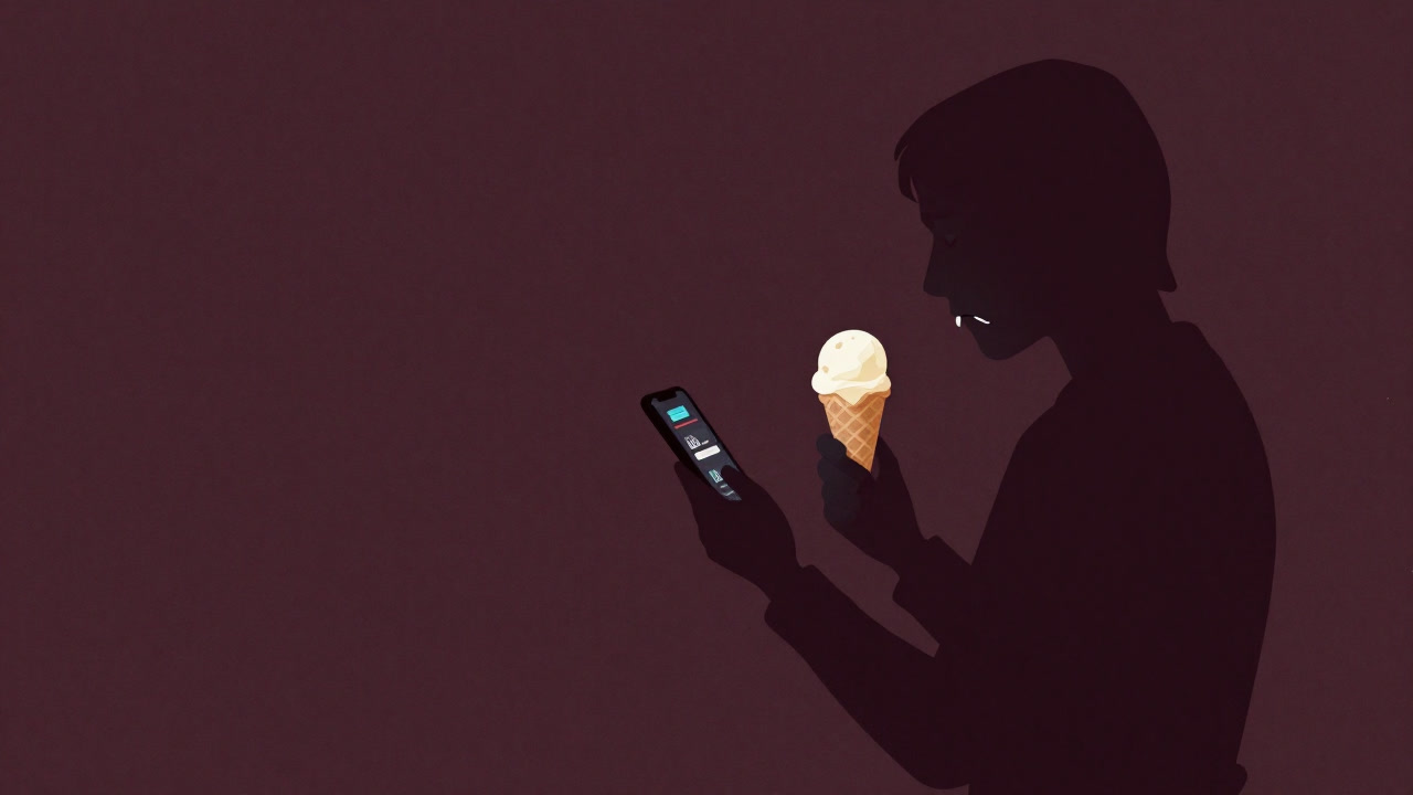 Silhouette of a person holding a smartphone displaying warming data while eating ice cream