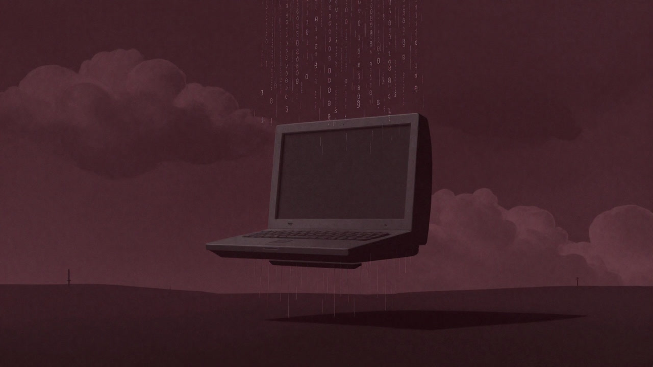 A massive computer operating within clouds against a desolate landscape, raining down streams of numbers.