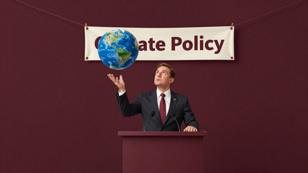 Illustration of a politician at a podium holding a globe in both hands, smiling while promoting climate policy