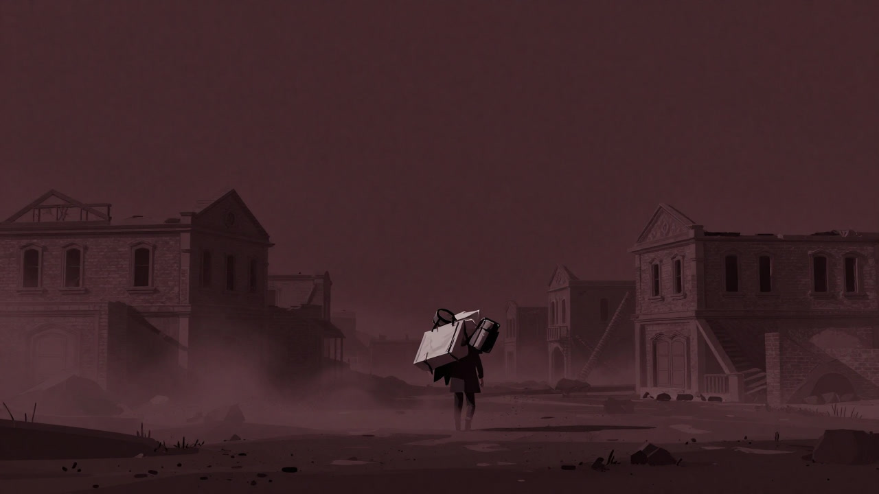 A shadowy figure carrying belongings stands against the backdrop of a dust-covered, devastated town